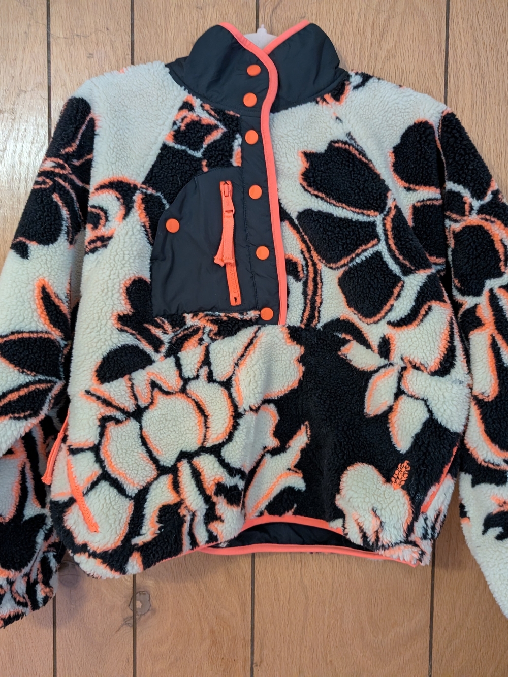 Free People Movement Floral Sherpa Pullover Jacket in Black, Cream & Orange Trim